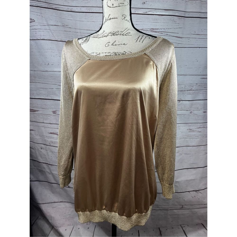 Cache Womens Gold Metallic Knit Satin Mixed Media Crisscross‎ Back Tunic Top XL